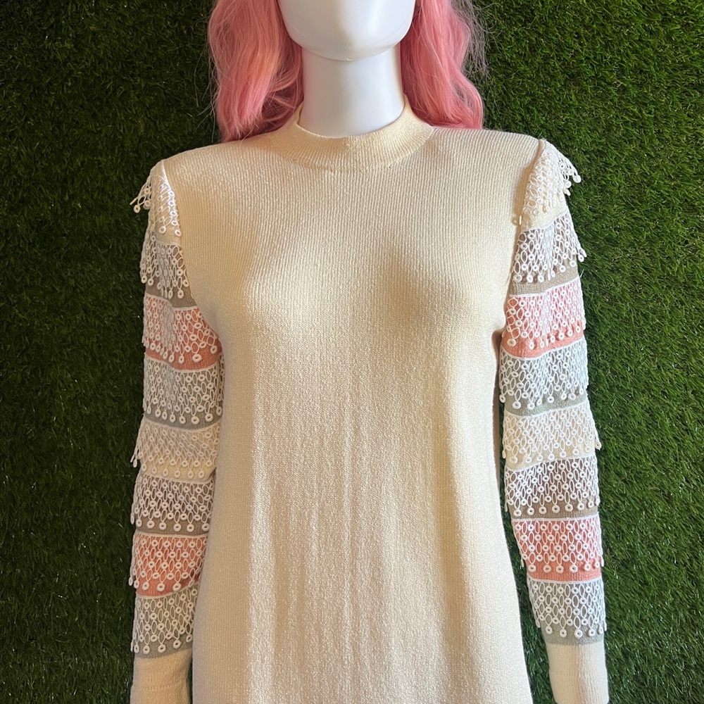 Unique Vintage Knit Dress Statement Sleeves Fringe Striped - Picture 3 of 8